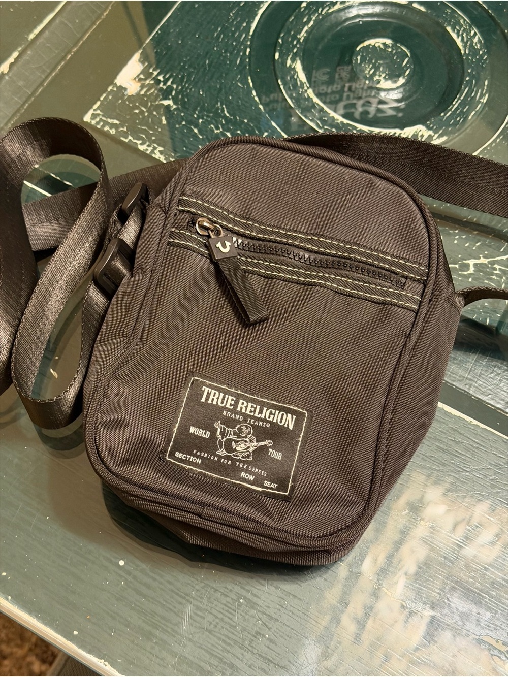 True Religion Black Men's Sling Bag with Logo Patch